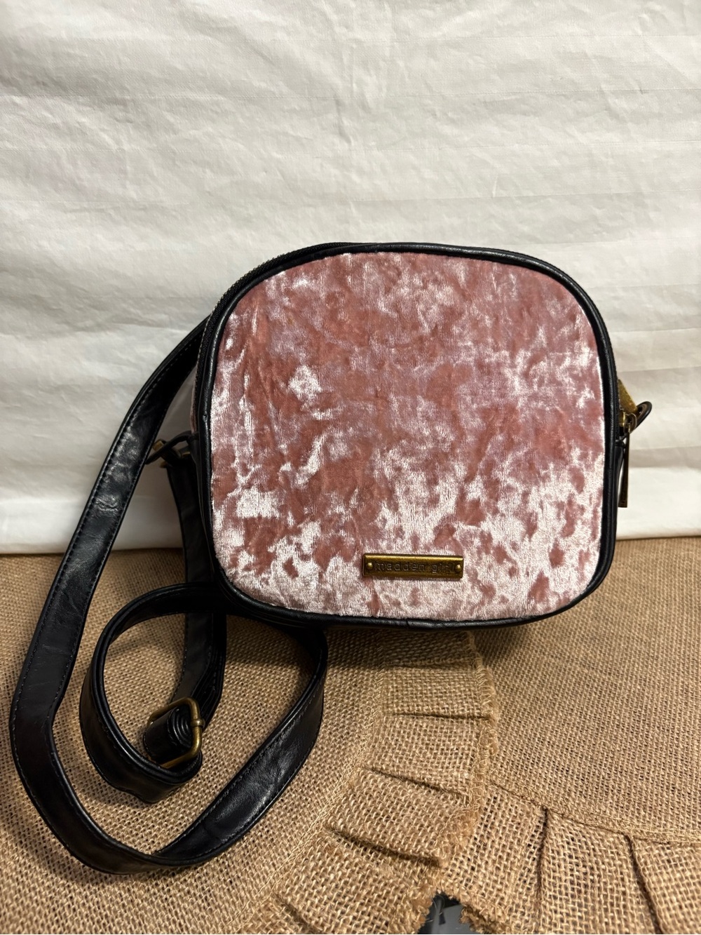 Unknown Brand Pink Velvet Crossbody Bag with Black Trim